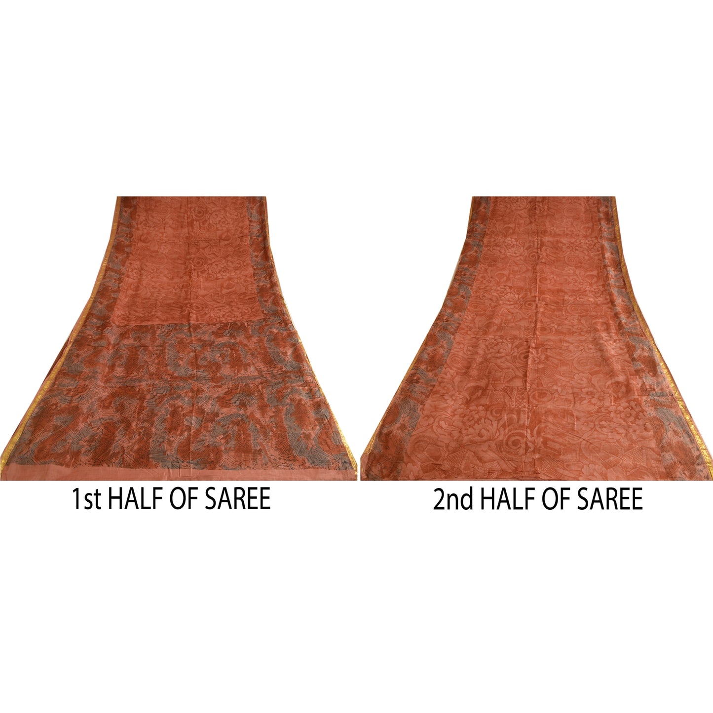 Sanskriti Vintage Sarees Orange Zari Border Printed Pure Silk Sari Craft Sustainable Fabric