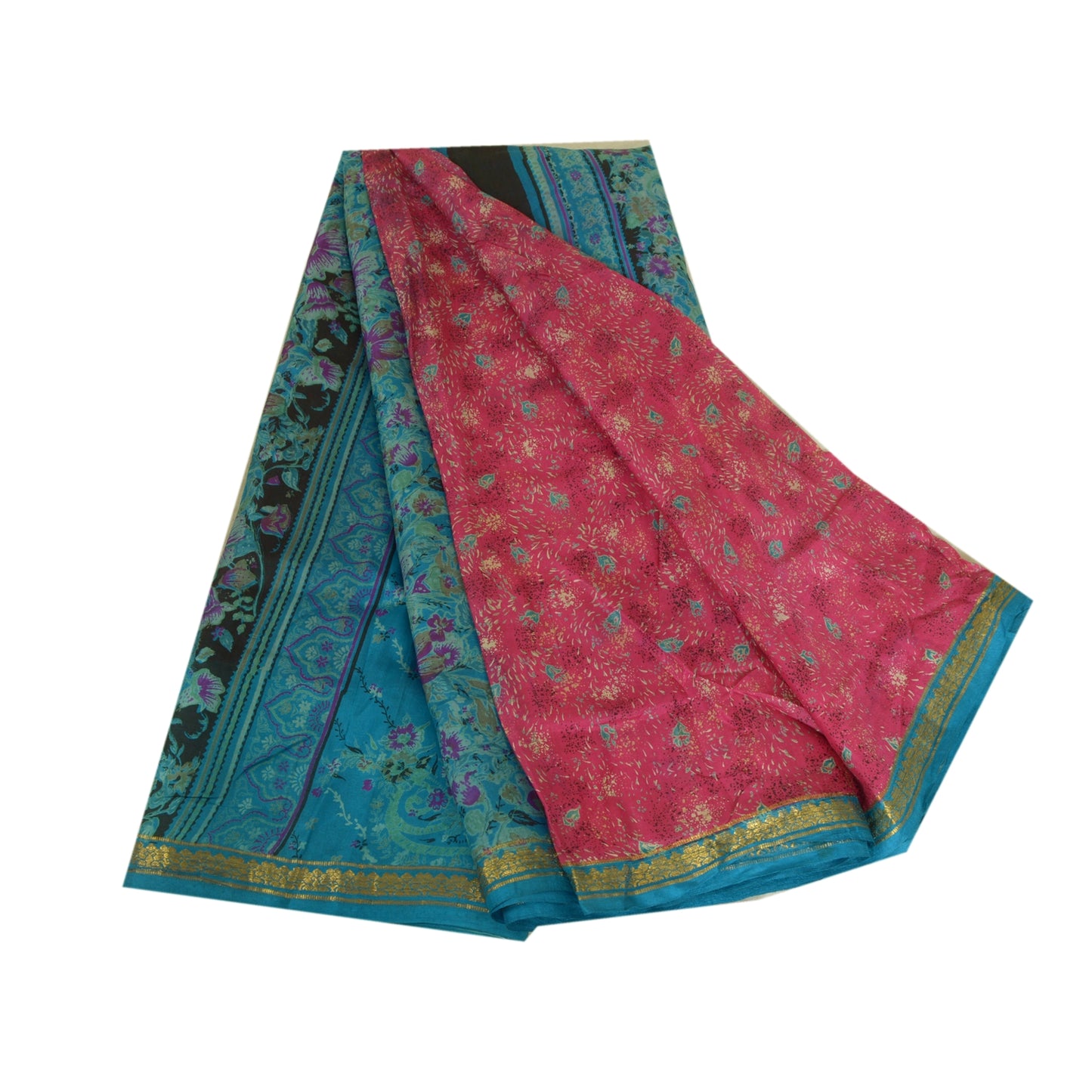 Sanskriti Vintage Sarees Pink/Blue Zari Boder Print Pure Silk Sari Craft Sustainable Fabric