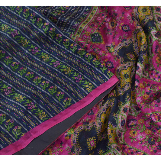 Sanskriti Vintage Sarees Blue/Pink Pure Silk Printed Sari Soft 5yd Craft Sustainable Fabric
