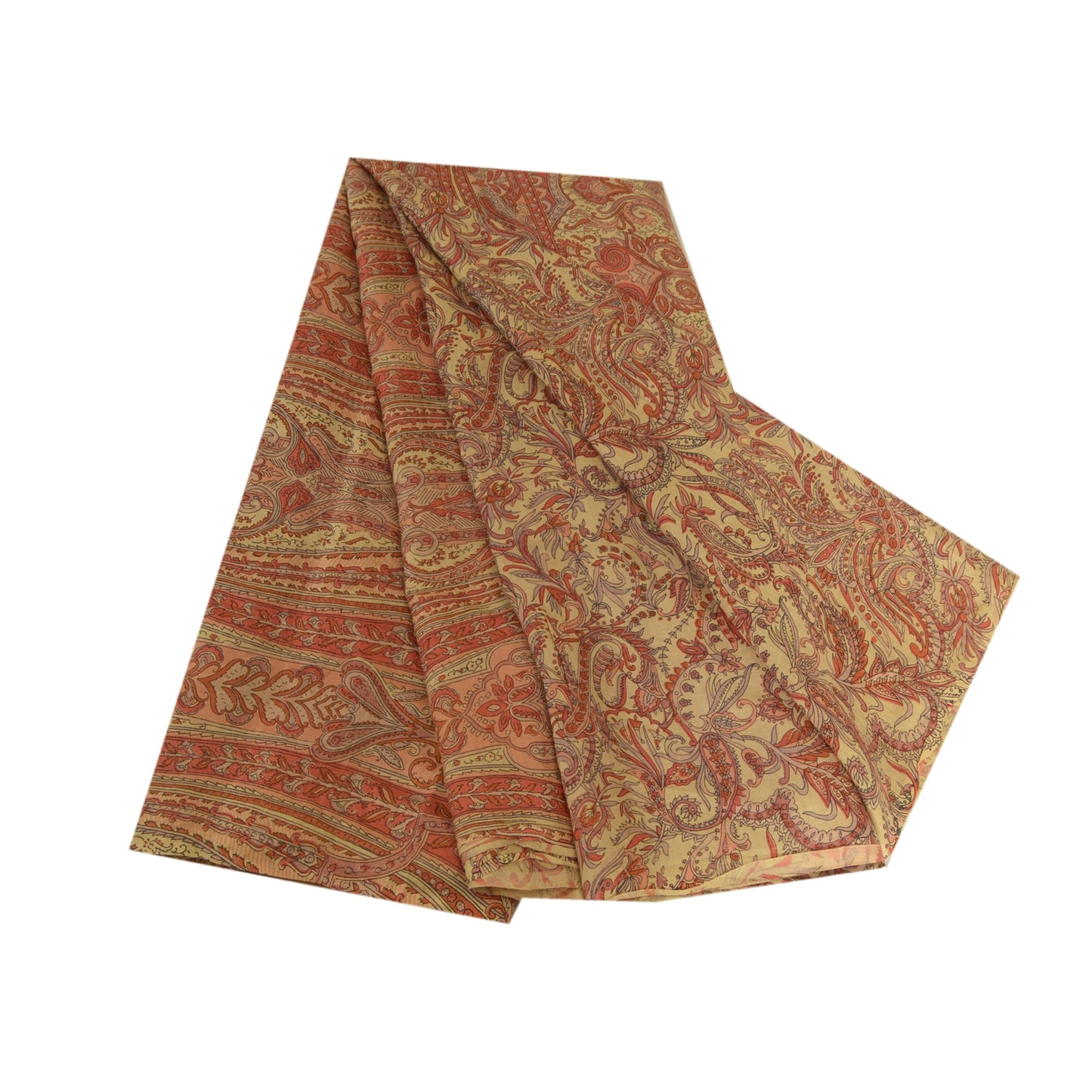 Sanskriti Vintage Sarees Red/Beige Pure Silk Printed Sari 5yd Soft Craft Sustainable Fabric