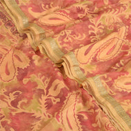 Sanskriti Vintage Sarees Peach/Red Zari Border Pure Silk Print Sari Craft Fabric