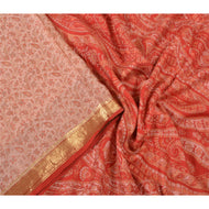 Sanskriti Vintage Sarees Pink/Red Zari Border Pure Silk Print Sari Craft Fabric