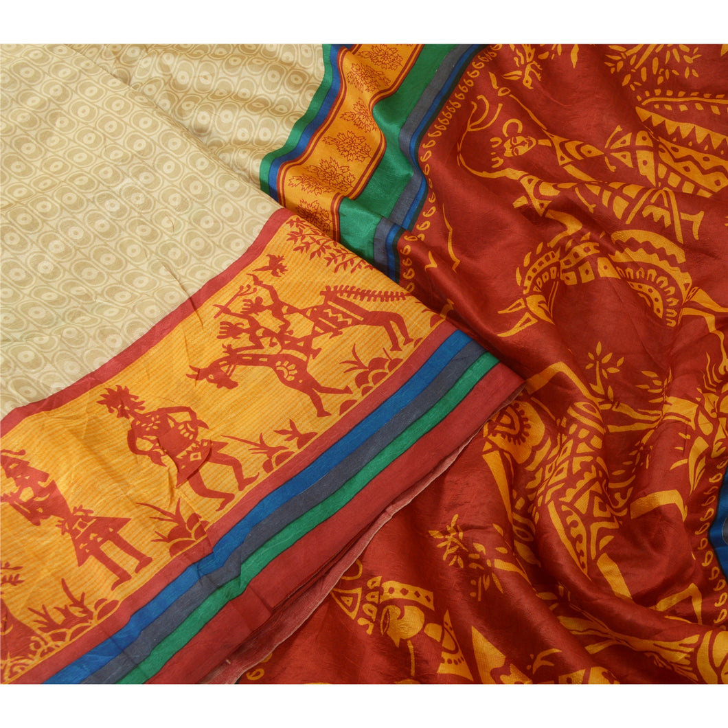 Sanskriti Vintage Sarees Cream Pure Silk Tribal Human Printed Sari Craft Fabric