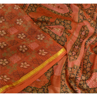 Sanskriti Vintage Sarees Orange Zari Border Pure Silk Printed Sari Craft Fabric