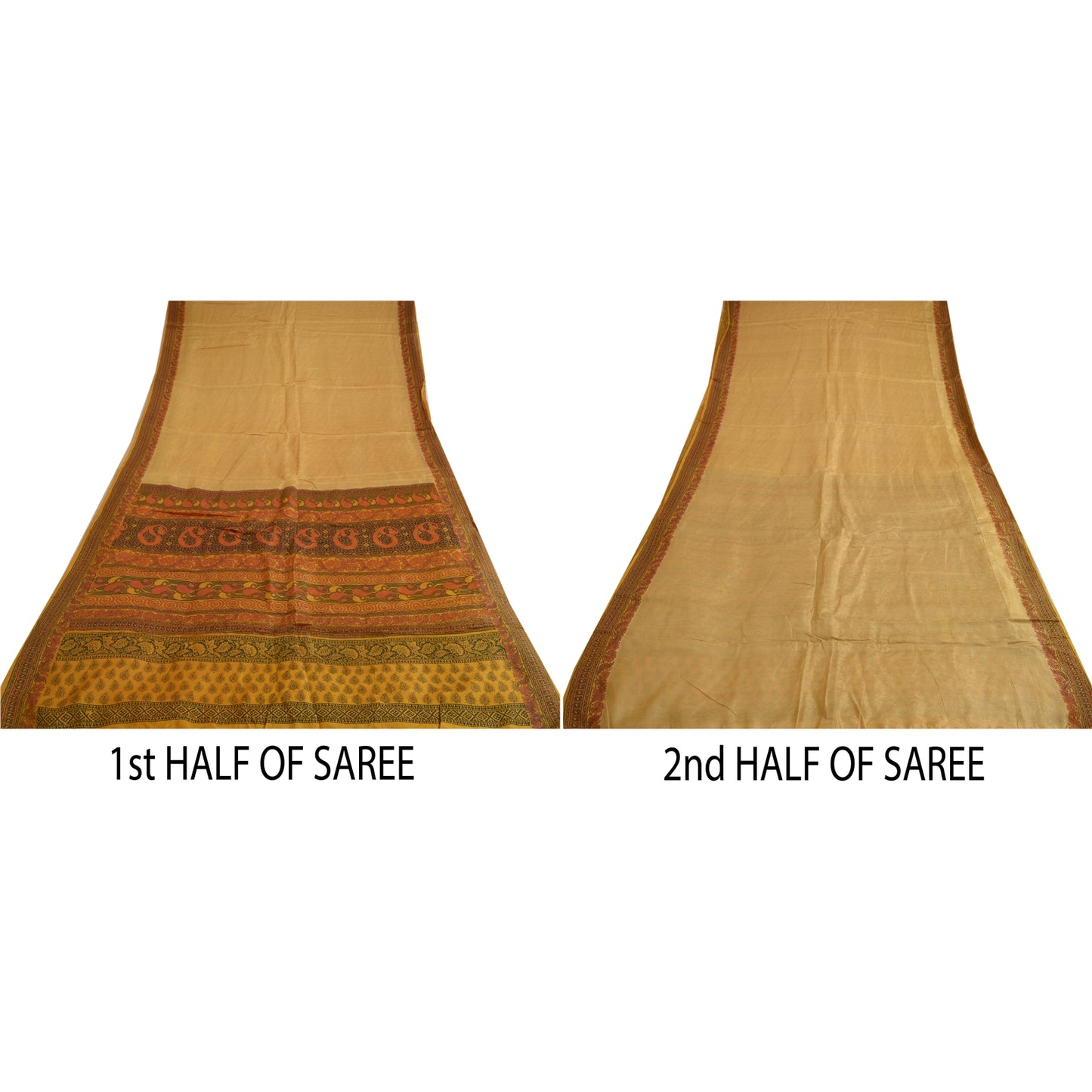 Sanskriti Vintage Sarees Saffron Woven/Printed Pure Silk Sari 5yd Craft Sustainable Fabric