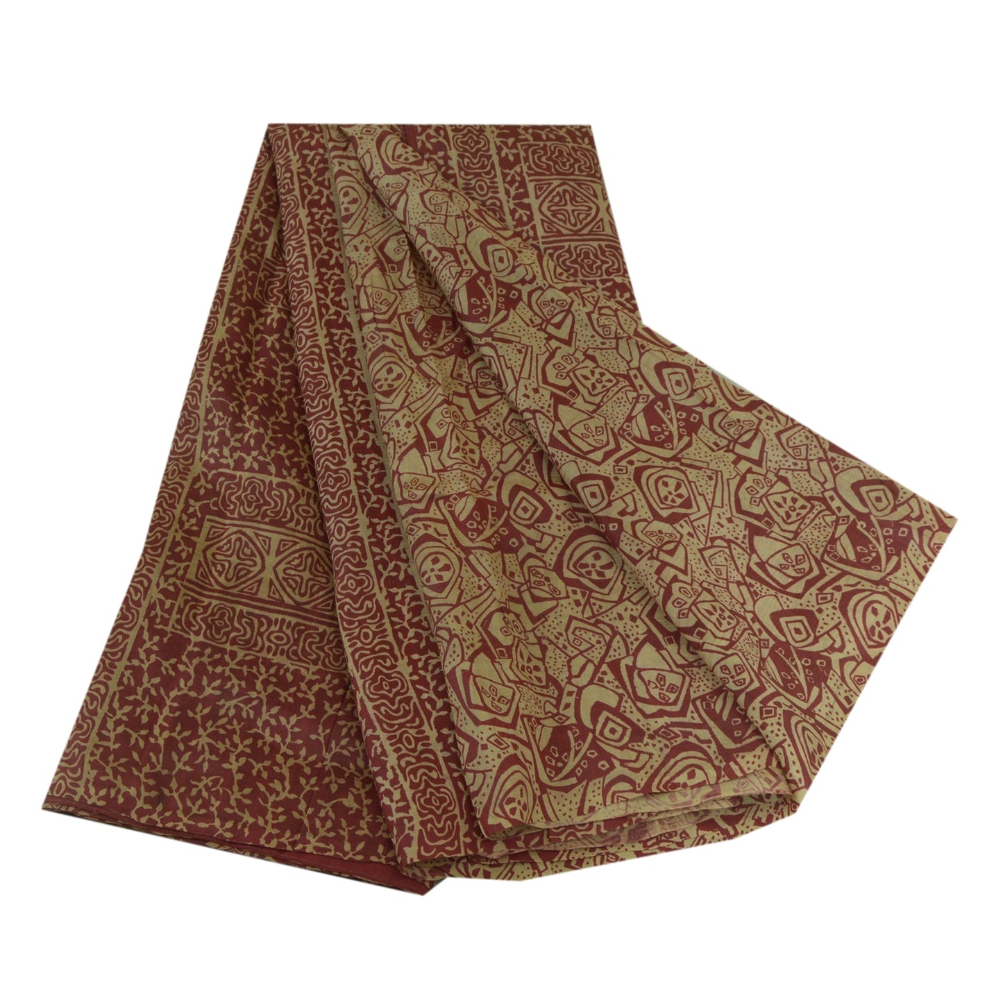 Sanskriti Vintage Sarees From India Cream/Red Pure Silk Print Sari Craft Sustainable Fabric