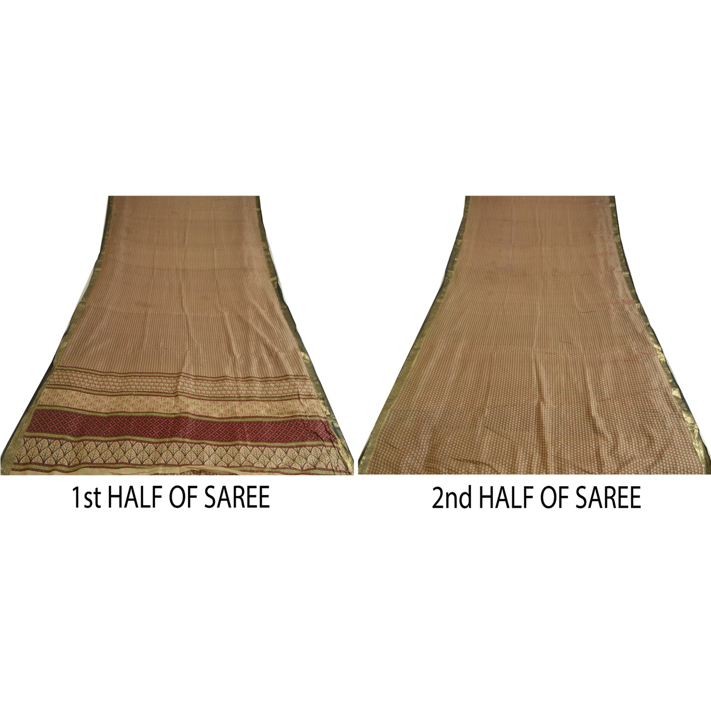 Sanskriti Vintage Sarees Cream Pure Silk Zari Border Printed Sari Craft Sustainable Fabric