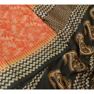 Sanskriti Vintage Sarees Orange/Black 100% Pure Silk Printed Sari Craft Fabric