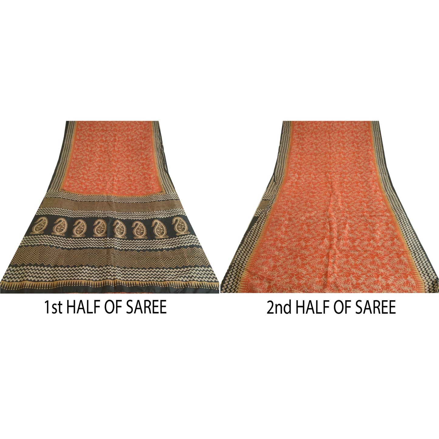 Sanskriti Vintage Sarees Orange/Black 100% Pure Silk Printed Sari Craft Sustainable Fabric