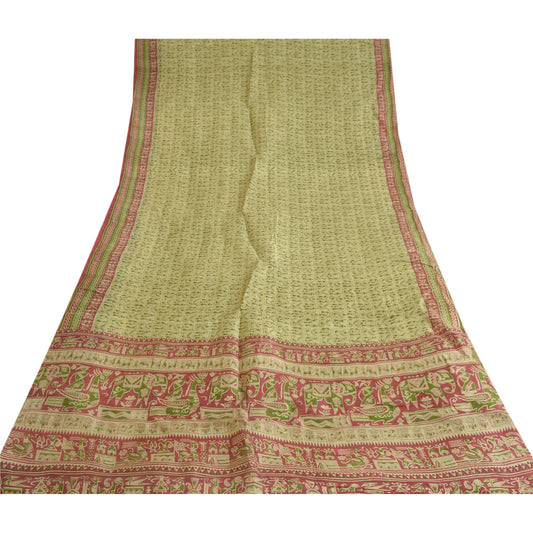 Сари Sanskriti Vintage Green Warli Art Pure Silk Printed Sari 5yd Craft Sustainable Fabric