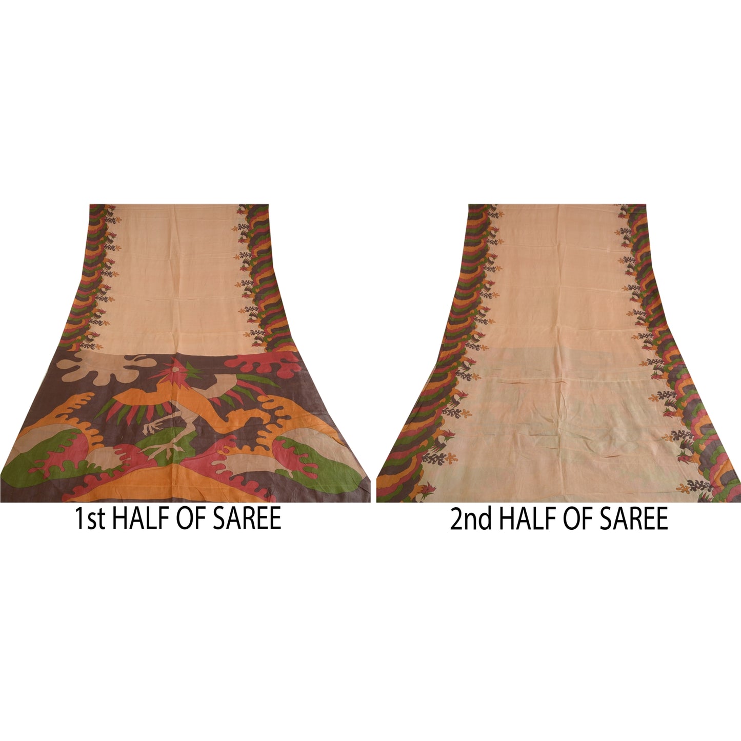 Sanskriti Vintage Sarees Light-Brown 100% Pure Silk Printed Sari Craft Sustainable Fabric