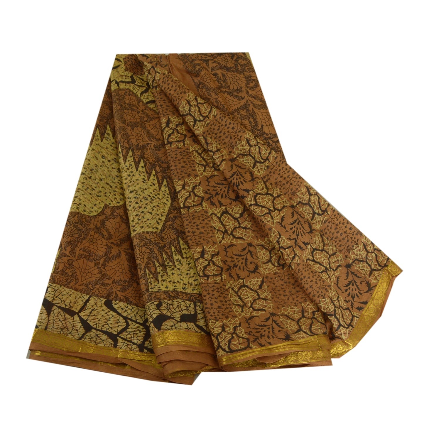 Sanskriti Vintage Sarees Brown Zari Border Pure Silk Printed Sari Craft Sustainable Fabric