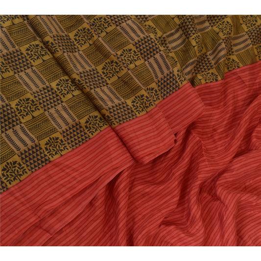 Sanskriti Vintage Sarees Creme/Sort 100% Ren Silke Trykt Sari Håndværk Bæredygtigt Stoff