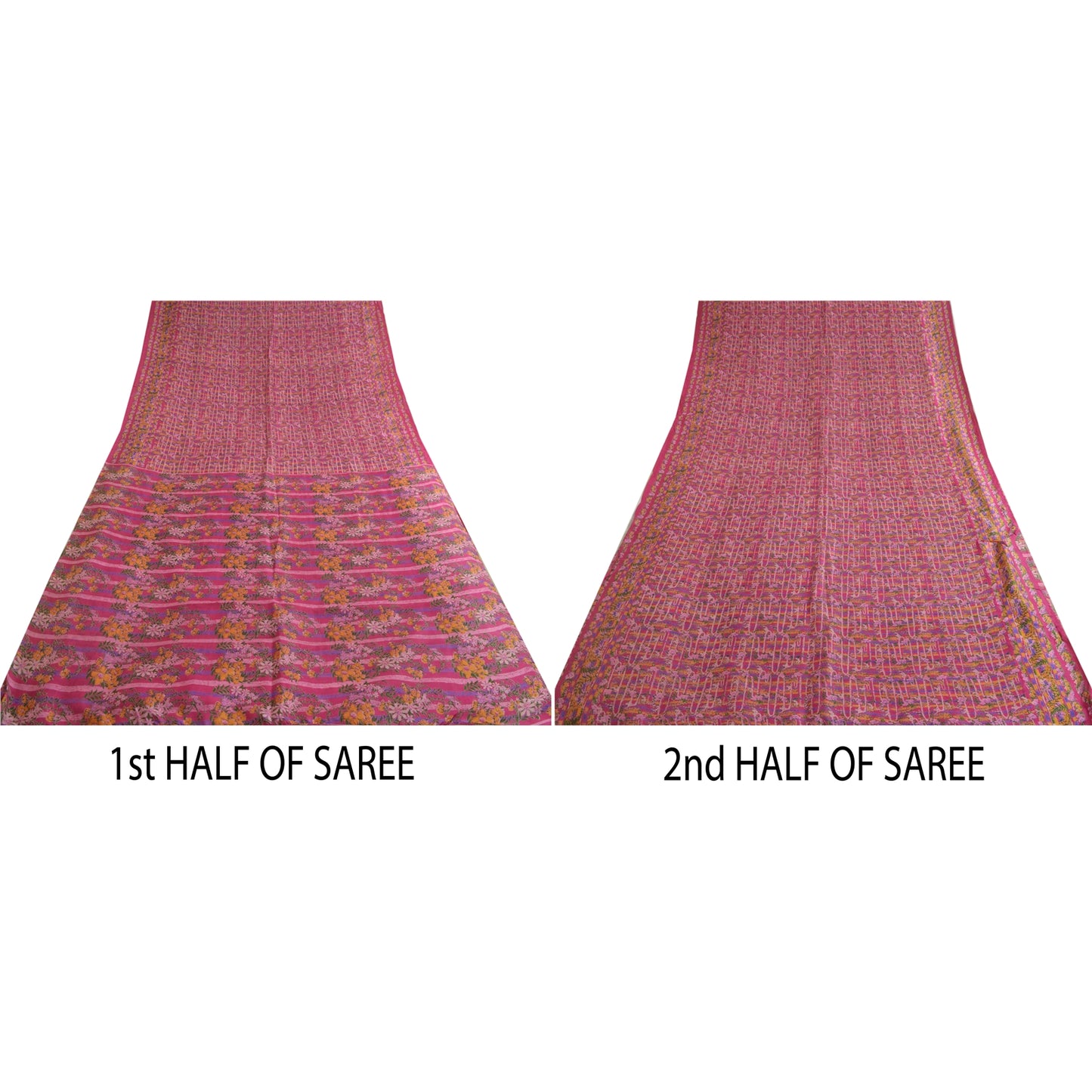 Sanskriti Vintage Sarees From India Hot-Pink Pure Silk Printed Sari Craft Sustainable Fabric