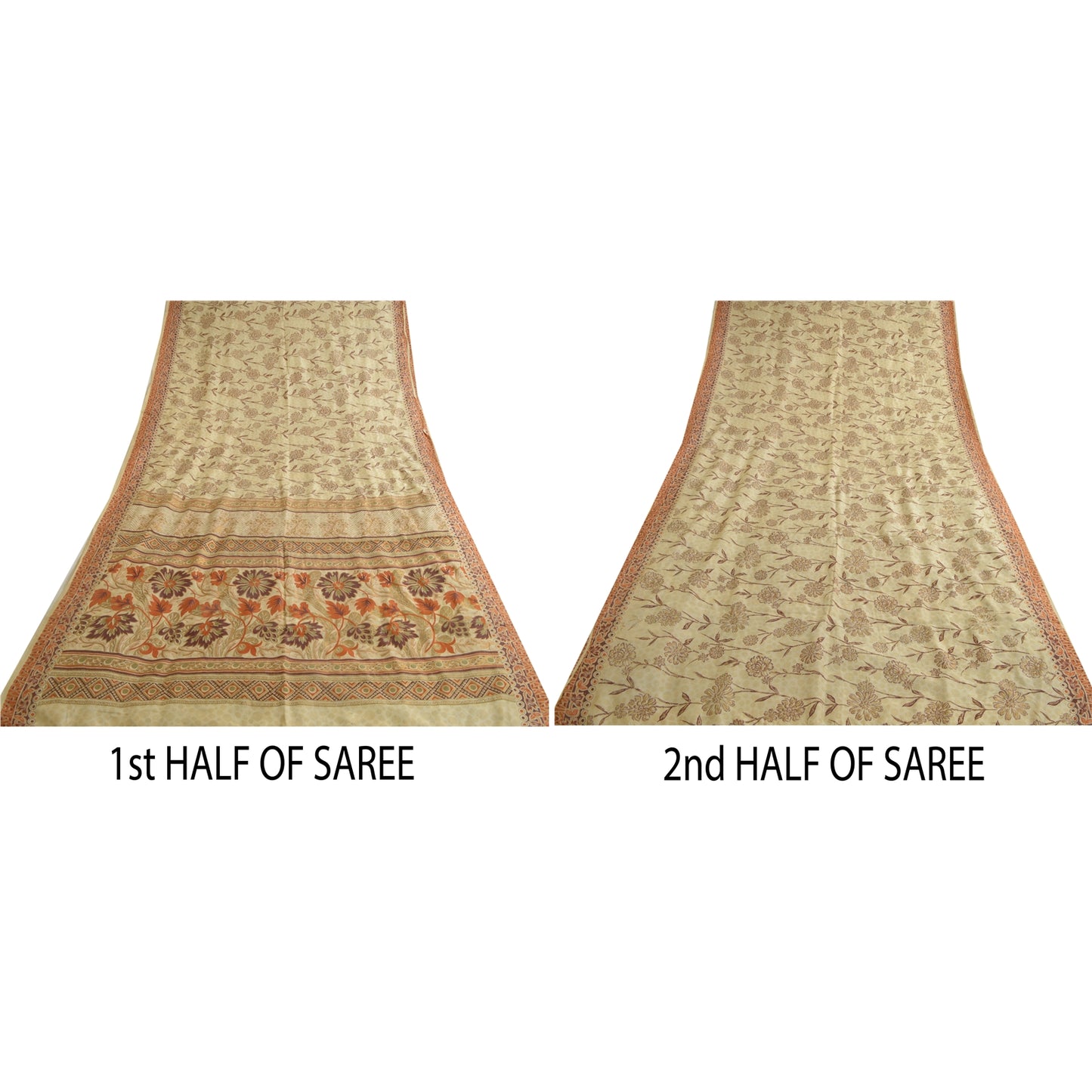 Sanskriti Vintage Sarees Pale-Cream Pure Silk Printed Sari Soft 5yd Craft Sustainable Fabric