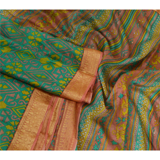 Sanskriti Vintage Sarees From India Green Printed Pure Silk Sari Craft Sustainable Fabric