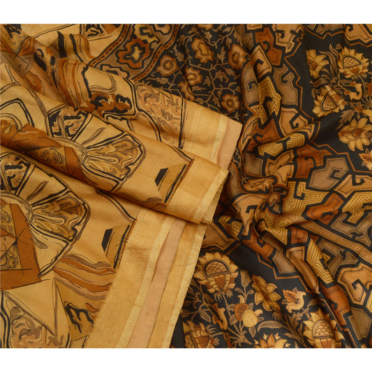 Sanskriti Vintage Sarees Indian Light-Brown Pure Silk Printed Sari Craft Sustainable Fabric