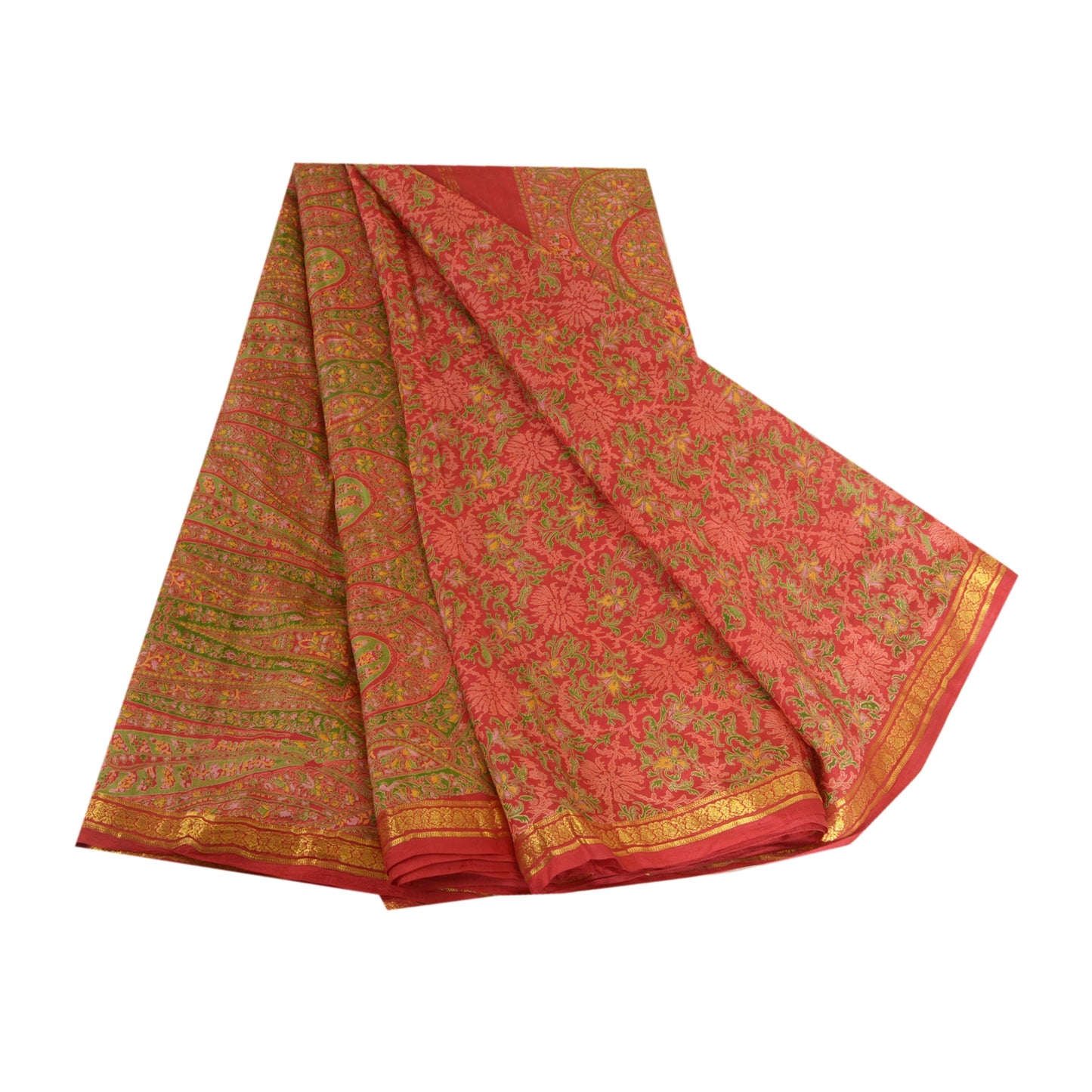 Sanskriti Vintage Sarees Red Zari Border Pure Silk Printed Sari 5yd Craft Sustainable Fabric