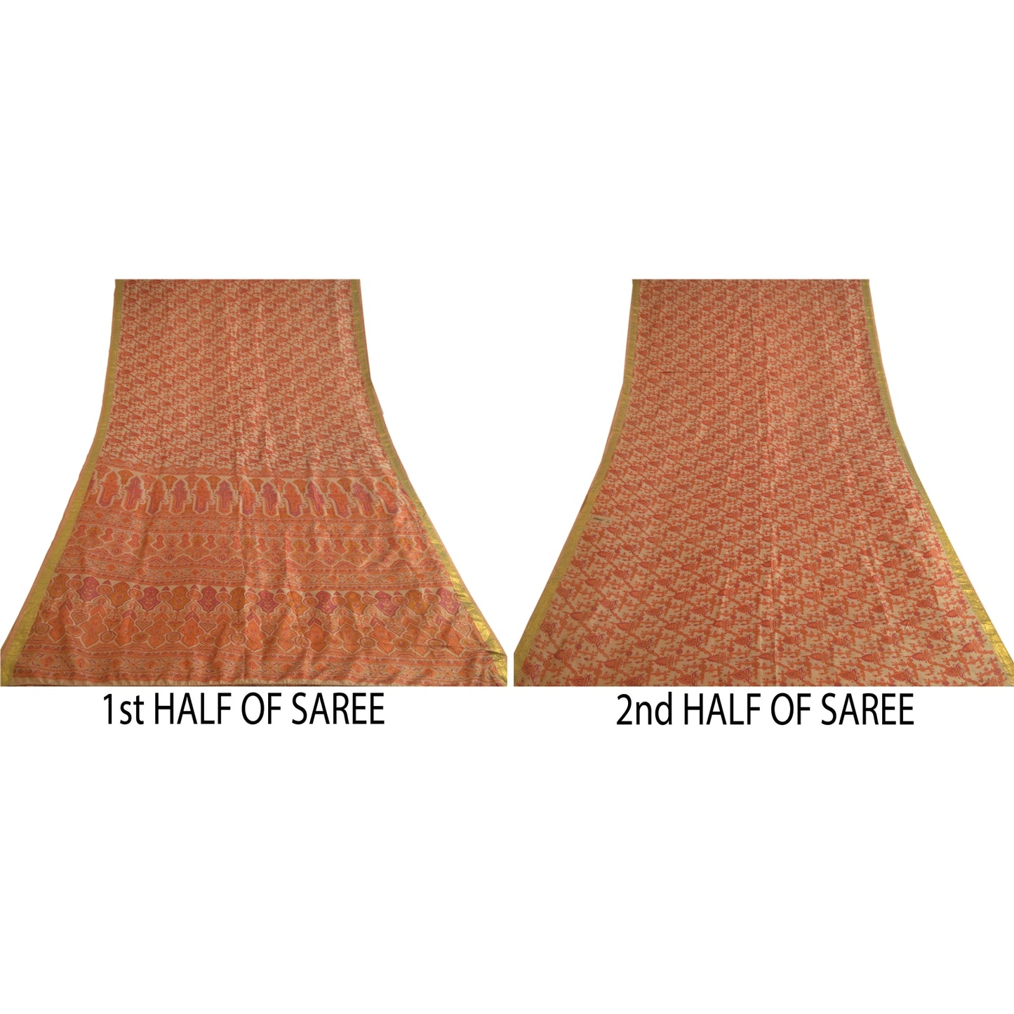 Sanskriti Vintage Sarees Light-Brown Zari Border Pure Silk Printed Sari Sustainable Fabric