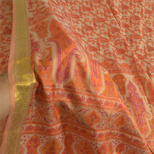 Sanskriti Vintage Sarees Light-Brown Zari Border Pure Silk Printed Sari Sustainable Fabric