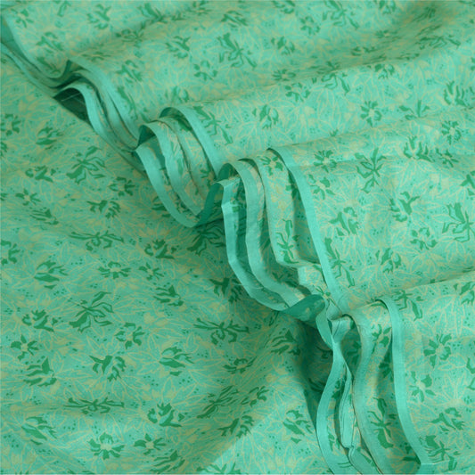 Sanskriti Vintage Sarees Green 100% Pure Silk Printed Sari Soft 5yd Craft Sustainable Fabric