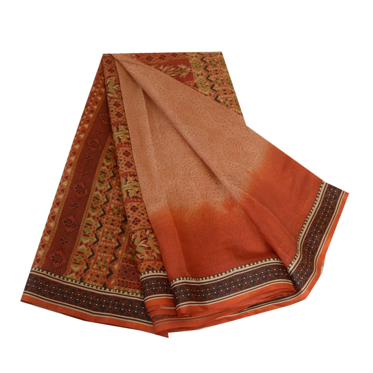 Sanskriti Vintage Sarees Peach/Orange Pure Silk Printed Sari 5yd Craft Sustainable Fabric