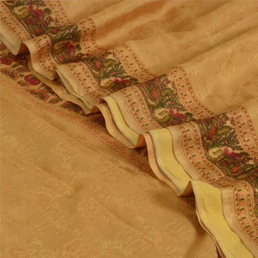 Sanskriti Vintage Sarees Saffron Pure Silk Printed Woven Sari 5yd Craft Sustainable Fabric