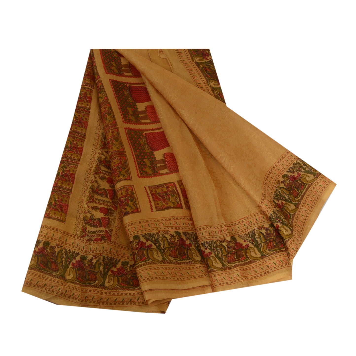 Sanskriti Vintage Sarees Saffron Pure Silk Printed Woven Sari 5yd Craft Sustainable Fabric