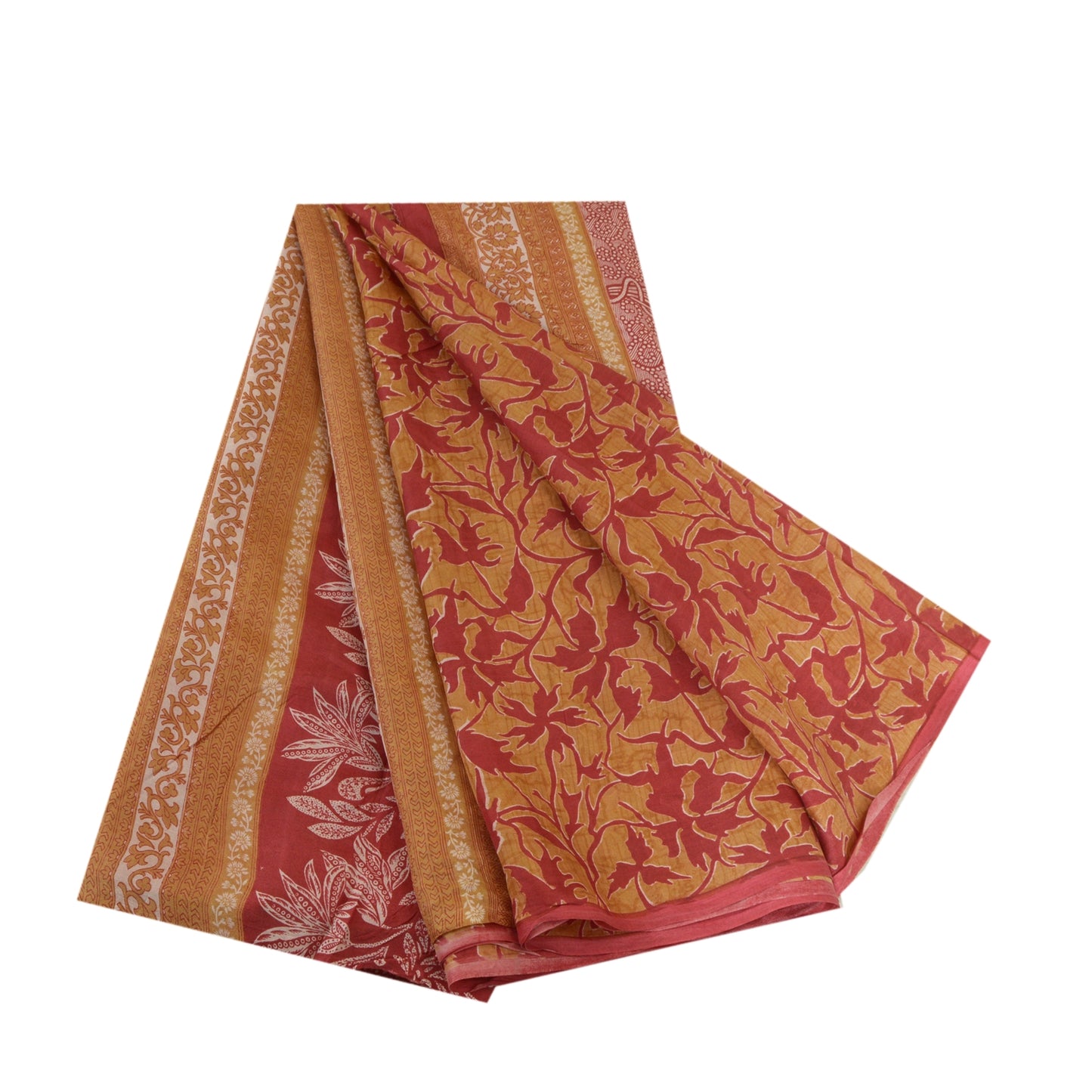 Sanskriti Vintage Sarees Red/Heena-Green Pure Silk Sari Printed 5yd Craft Sustainable Fabric