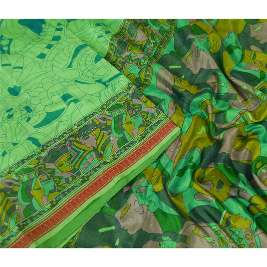 Санскритские винтажные сари из чистого зеленого шелка с принтом человеческого лица, сари из экологически чистой ткани