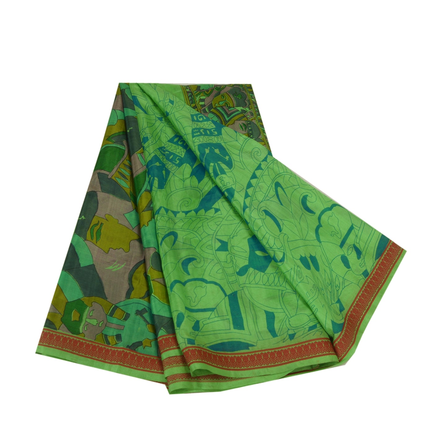 Санскритские винтажные сари из чистого зеленого шелка с принтом человеческого лица, сари из экологически чистой ткани