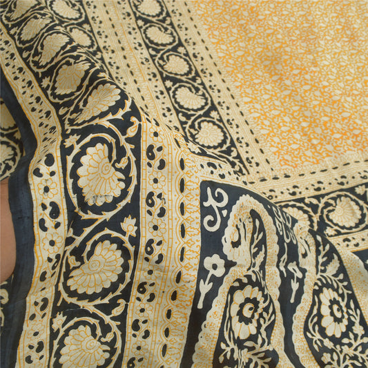 Sanskriti Vintage Sarees Yellow/Black 100% Pure Silk Printed Sari Craft Sustainable Fabric