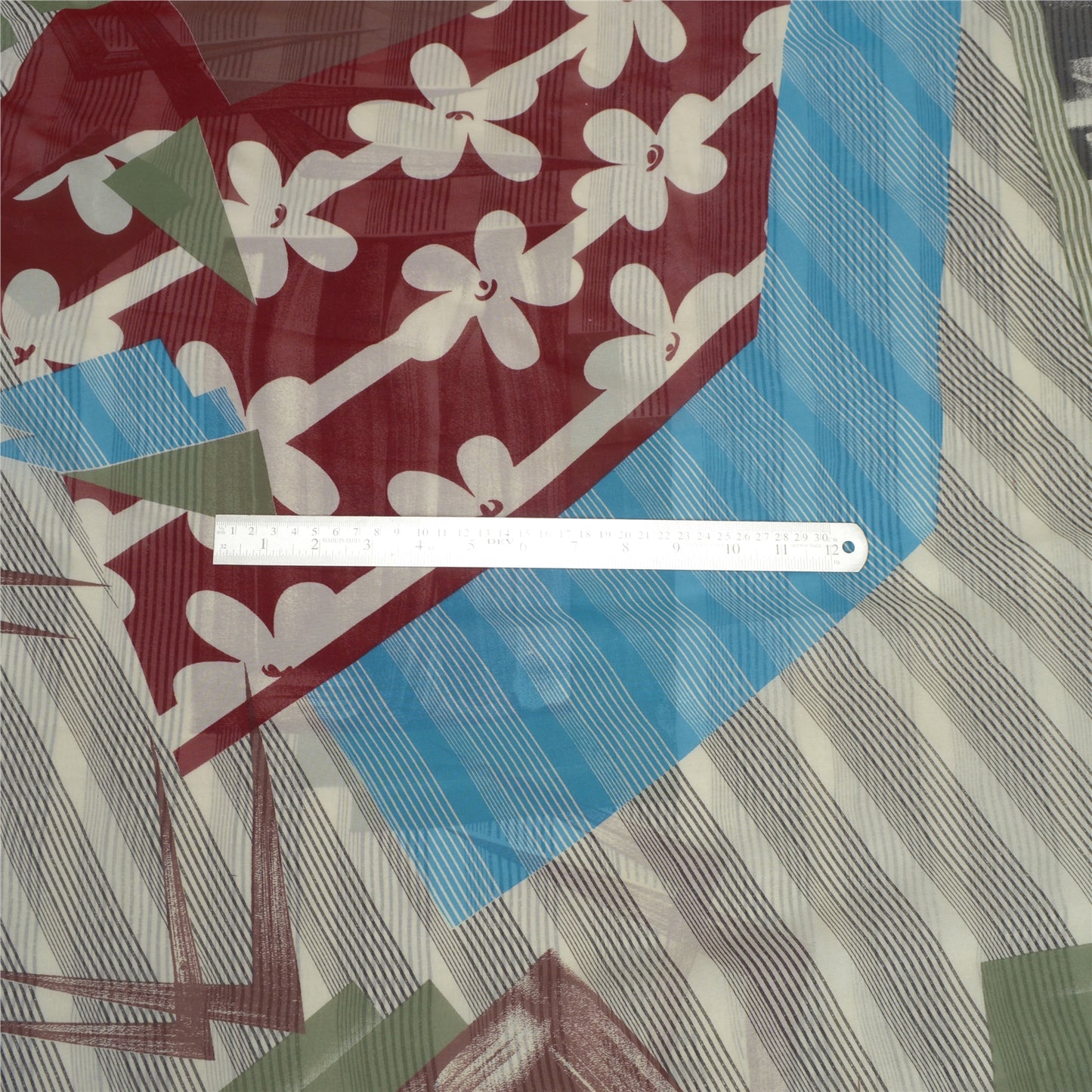 Sanskriti Vintage Sarees Ivory Blend Georgette Sari Geometric Print Craft Sustainable Fabric