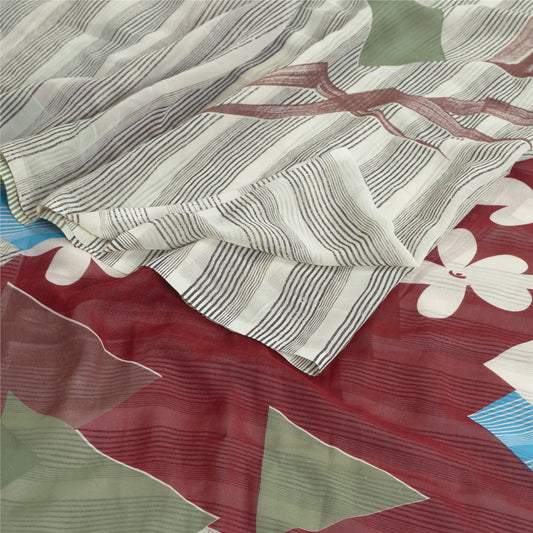 Sanskriti Vintage Sarees Ivory Blend Georgette Sari Geometric Print Craft Sustainable Fabric