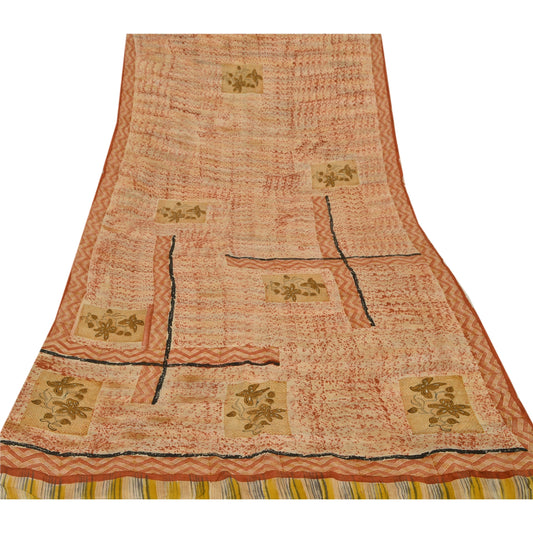 Sanskriti Vintage Cream Saree Pure Crepe Silk Floral Printed Sari Craft Sustainable Fabric