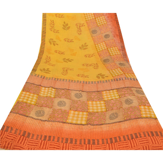 Sanskriti Vintage Yellow Saree 100% Pure Crepe Silk Printed Sari Soft Sustainable Fabric