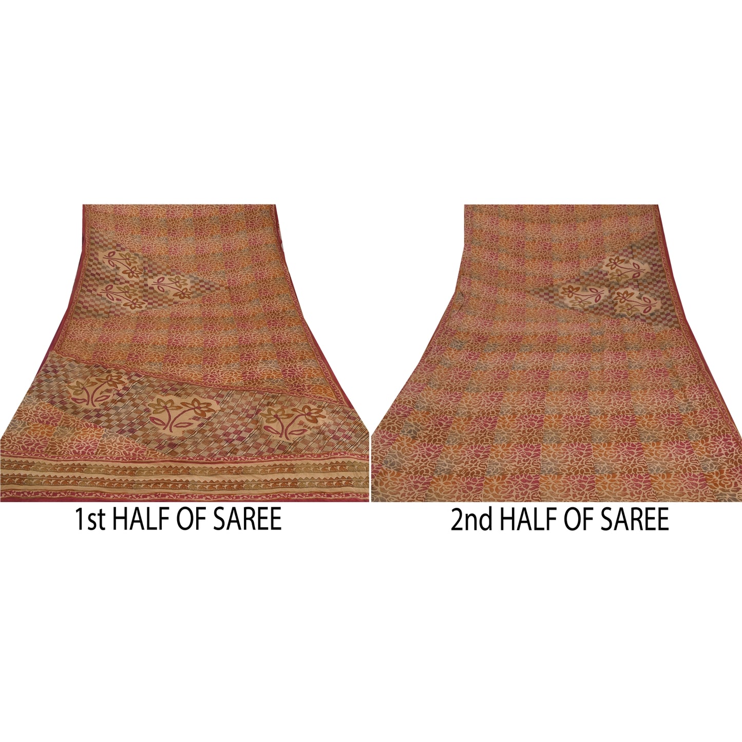 Sanskriti Vintage Printed Saree Pure Crepe Silk Sari Multicolor Sustainable Fabric 5Yd Craft