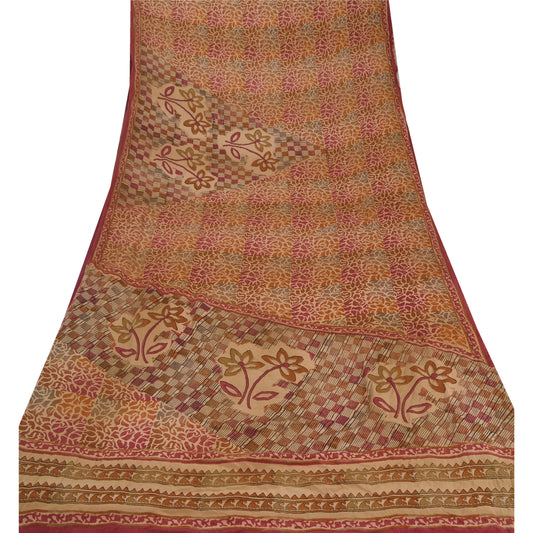 Sanskriti Vintage Printed Saree Pure Crepe Silk Sari Multicolor Sustainable Fabric 5Yd Craft