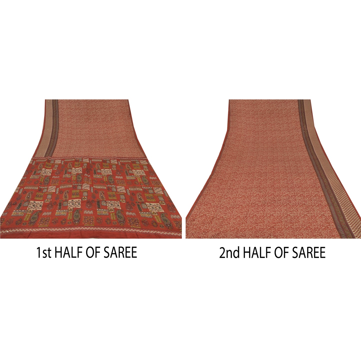 Sanskriti Vintage Red Sarees Pure Crepe Silk Printed Indian Sari Craft Sustainable Fabric