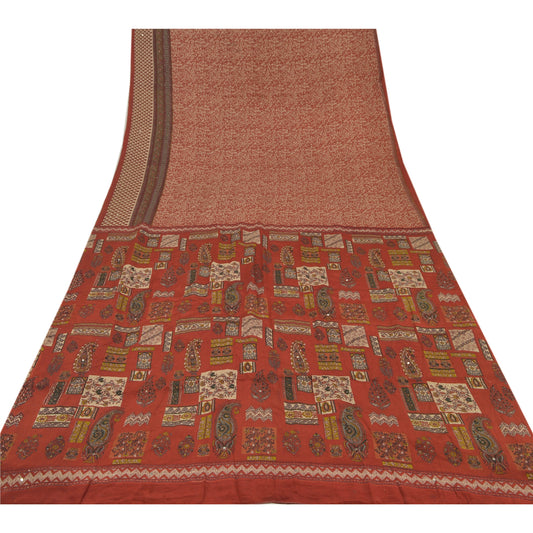 Sanskriti Vintage Red Sarees Pure Crepe Silk Printed Indian Sari Craft Sustainable Fabric