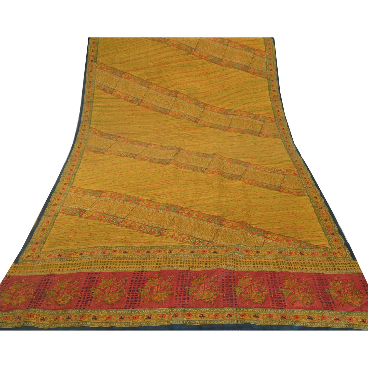 Sanskriti Vintage Green Sarees 100% Pure Crepe Silk Printed Sari Craft Sustainable Fabric