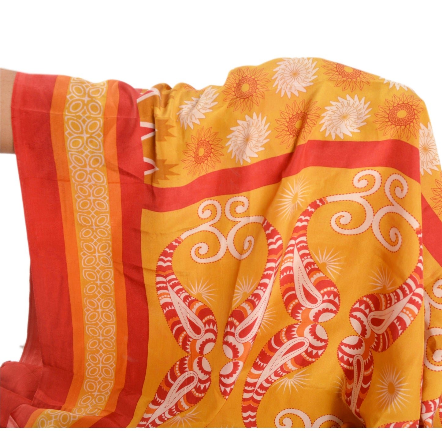 Sanskriti Vintage Yellow Saree 100% Pure Crepe Silk Printed Sari Craft Sustainable Fabric