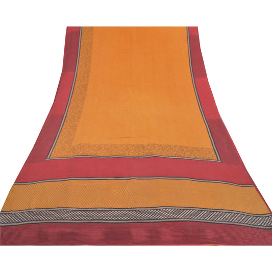 Sanskriti Vintage Saffron Sarees 100% Pure Crepe Silk Printed Sari Craft Sustainable Fabric