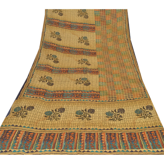 Sanskriti Vintage Brown Sarees 100% Pure Crepe Silk Printed Sari Craft Sustainable Fabric