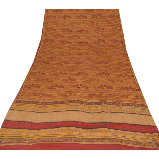Sanskriti Vintage Brown Sarees Pure Crepe Silk Printed Sari Craft 5 Yard Sustainable Fabric