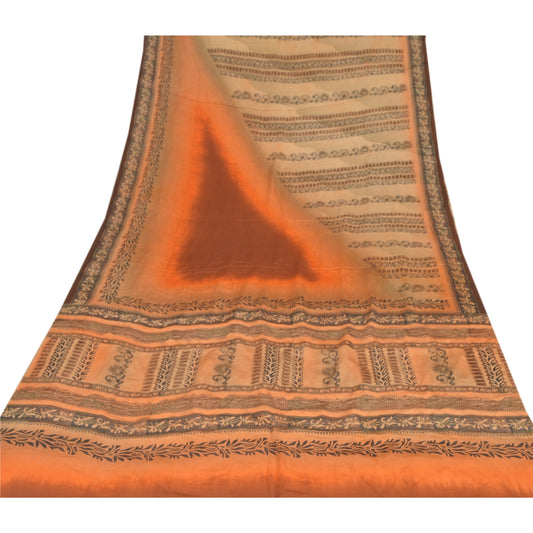Sanskriti Vintage Peach Sarees 100% Pure Crepe Silk Printed Sari Craft Sustainable Fabric