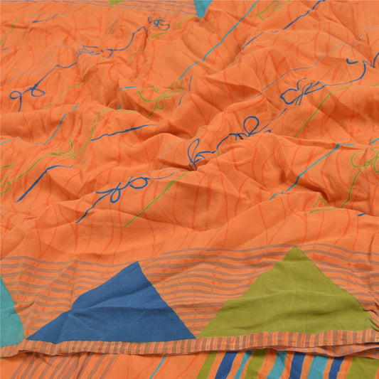 Sanskriti Vintage Orange Sarees Pure Crepe Silk Sustainable Fabric Craft Printed Soft Sari