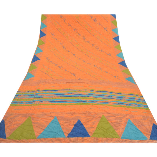 Sanskriti Vintage Orange Sarees Pure Crepe Silk Sustainable Fabric Craft Printed Soft Sari