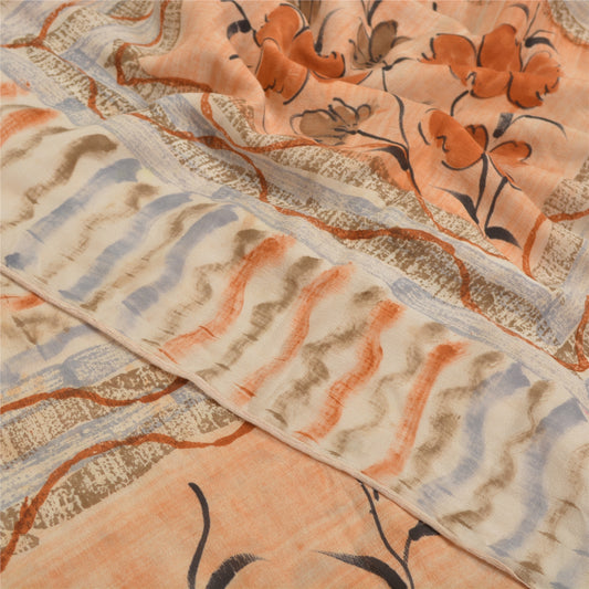 Sanskriti Vintage Cream Sarees Pure Crepe Silk Sustainable Fabric Craft Printed Decor Sari
