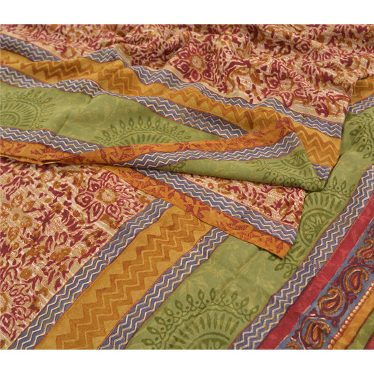 Sanskriti Vintage Red Sarees Pure Crepe Silk Printed Sari Soft 5 Yd Craft Sustainable Fabric